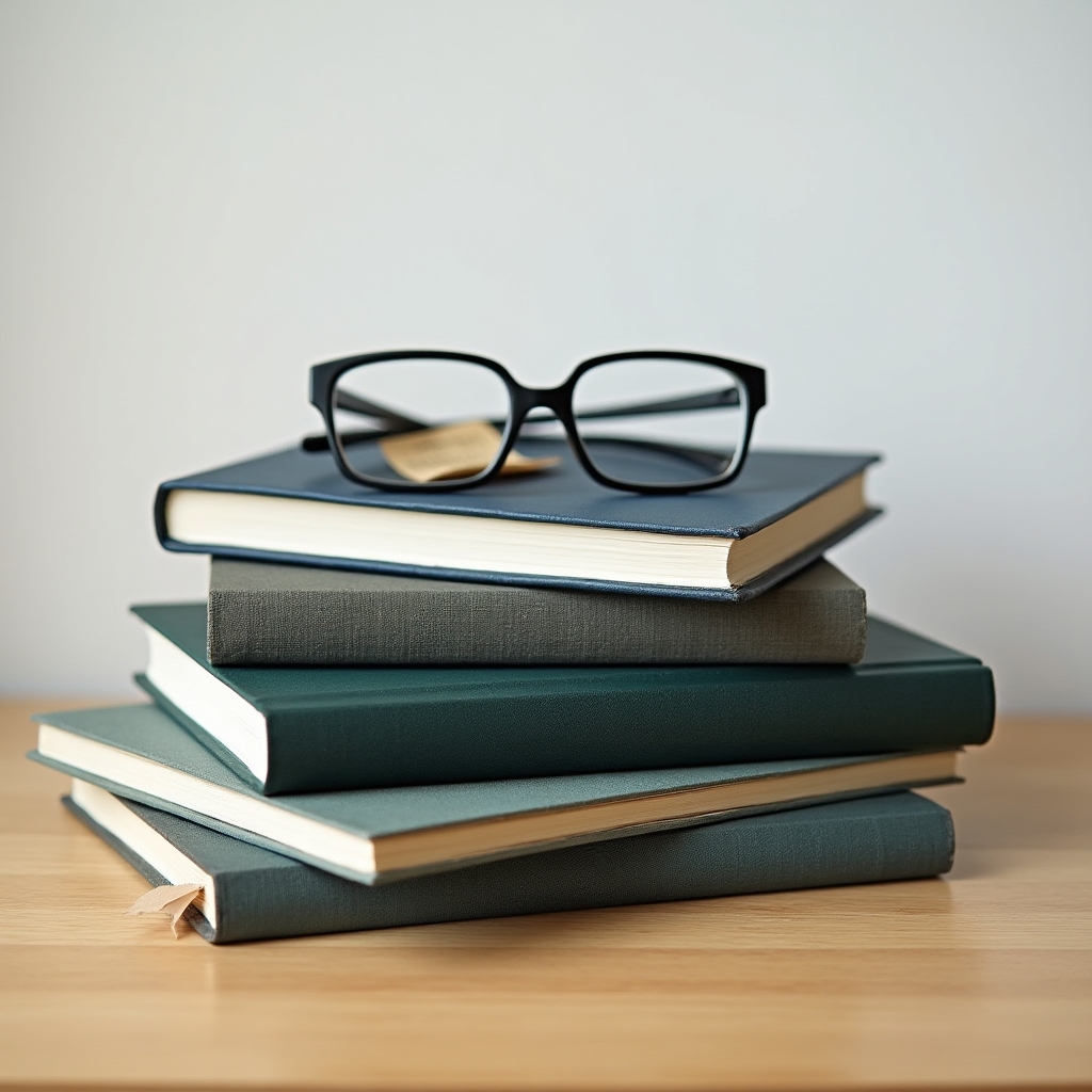 Ein Stapel aufgeschlagener Bücher auf einem Holztisch, darunter Notizbücher mit handschriftlichen Markierungen, warmes Licht
