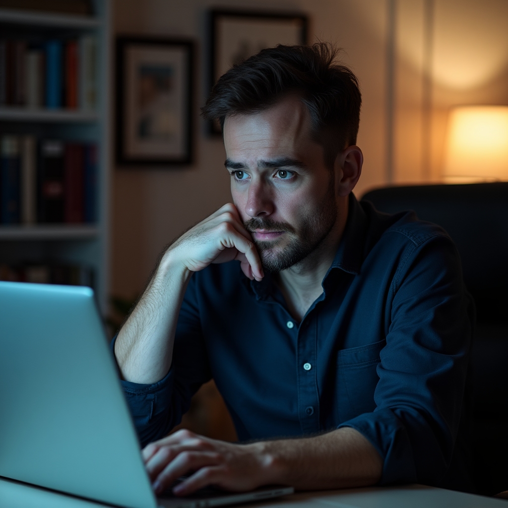 Person sitzt nachdenklich am Laptop in einem Homeoffice, umgeben von Unterlagen und einer leeren Kaffeetasse