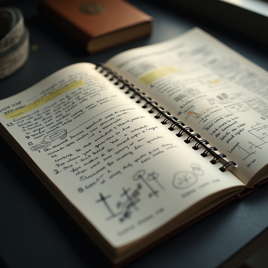 Handgeschriebene Notizen und Skizzen auf einem Notizbuch, das den Planungsprozess der Selbstständigkeit zeigt