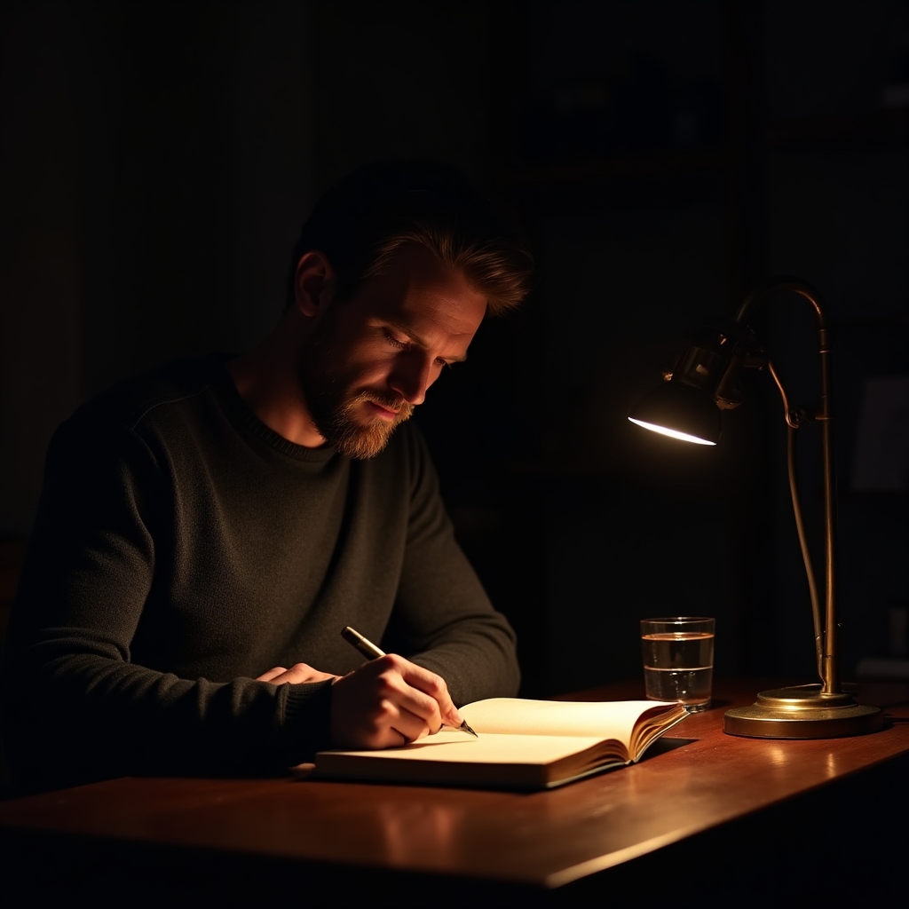 Eine Person schreibt abends bei Lampenlicht in ein Notizbuch, konzentriert und nachdenklich, warmes Licht im Hintergrund