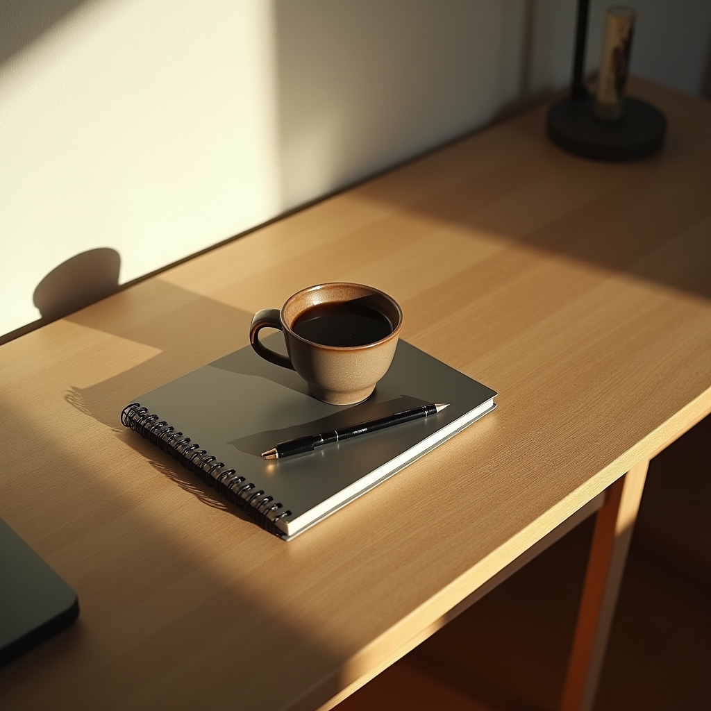 Schreibtisch im Morgenlicht mit Notizbuch und Kaffeetasse - Symbol für den Tagesanfang als Selbstständiger